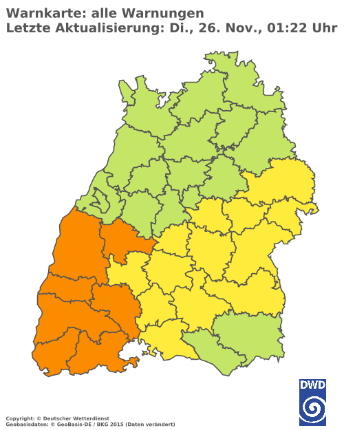 Aktuelle Wetterwarnungen für Breisgau-Hochschwarzwald und Stadt Freiburg