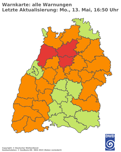 Aktuelle Wetterwarnungen für Breisgau-Hochschwarzwald und Stadt Freiburg